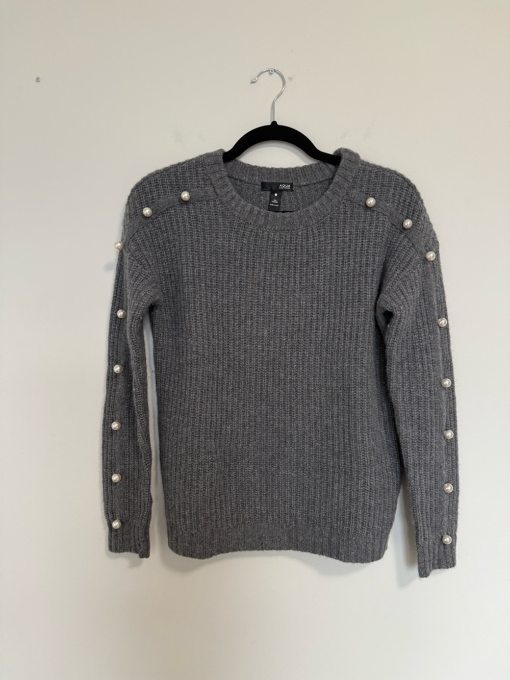 Aqua Cashmere Pearl Long Sleeve Sweater Gray XS